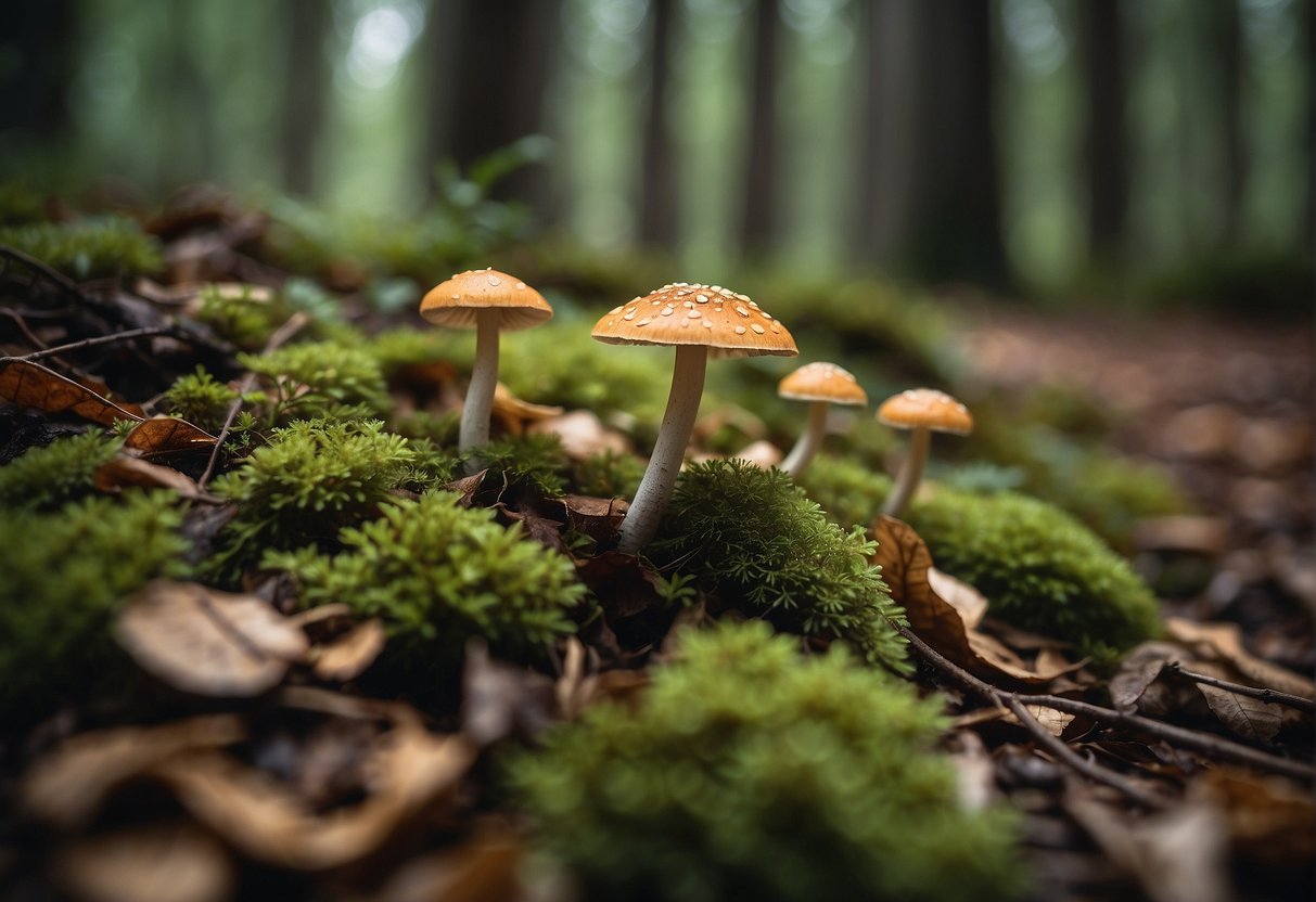 A forest floor in Canada, littered with fallen leaves and pine needles, with matsutake mushrooms sprouting from the ground