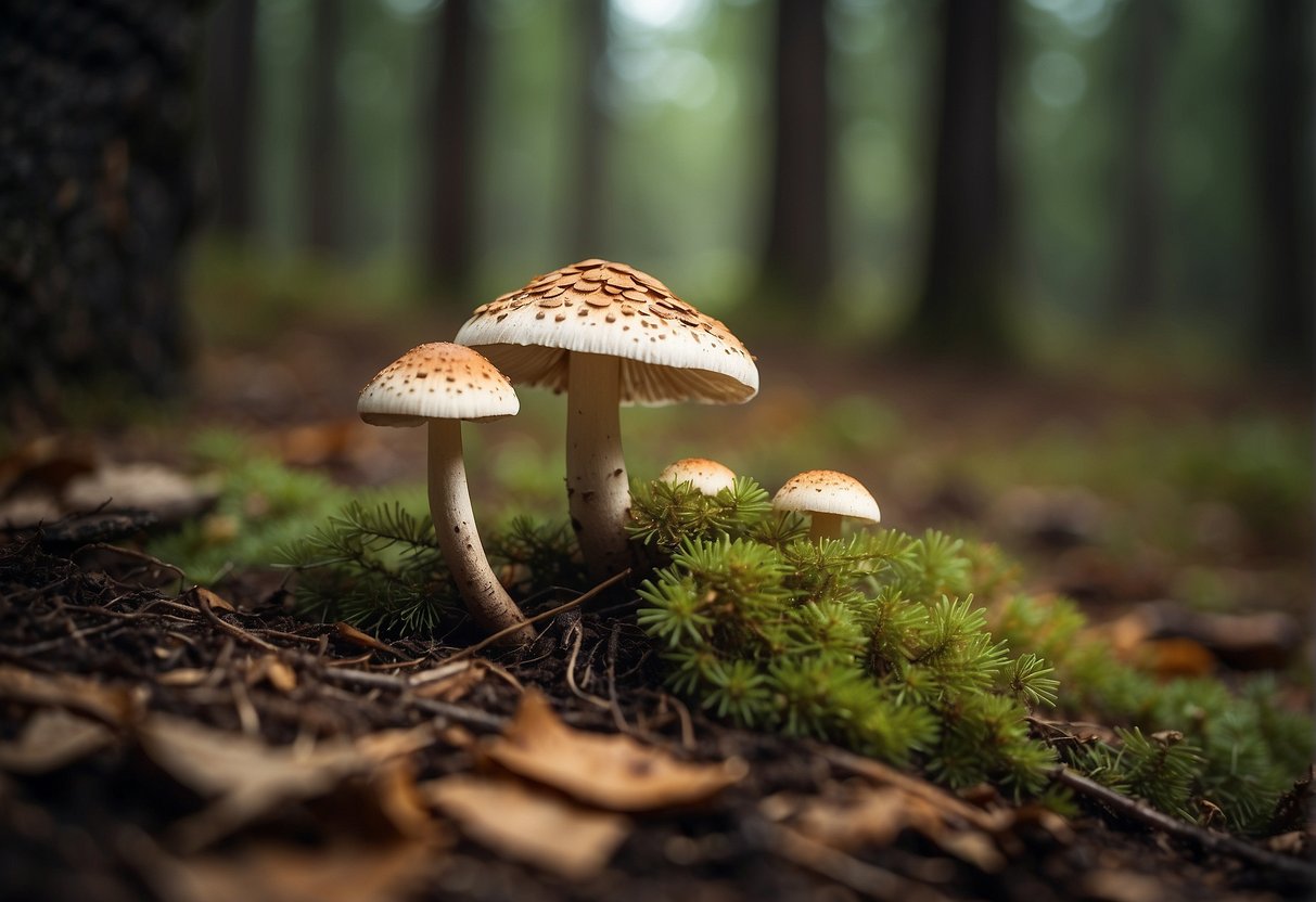 A forest floor with fallen leaves and pine needles, a cluster of matsutake mushrooms emerging from the earth, surrounded by pine trees