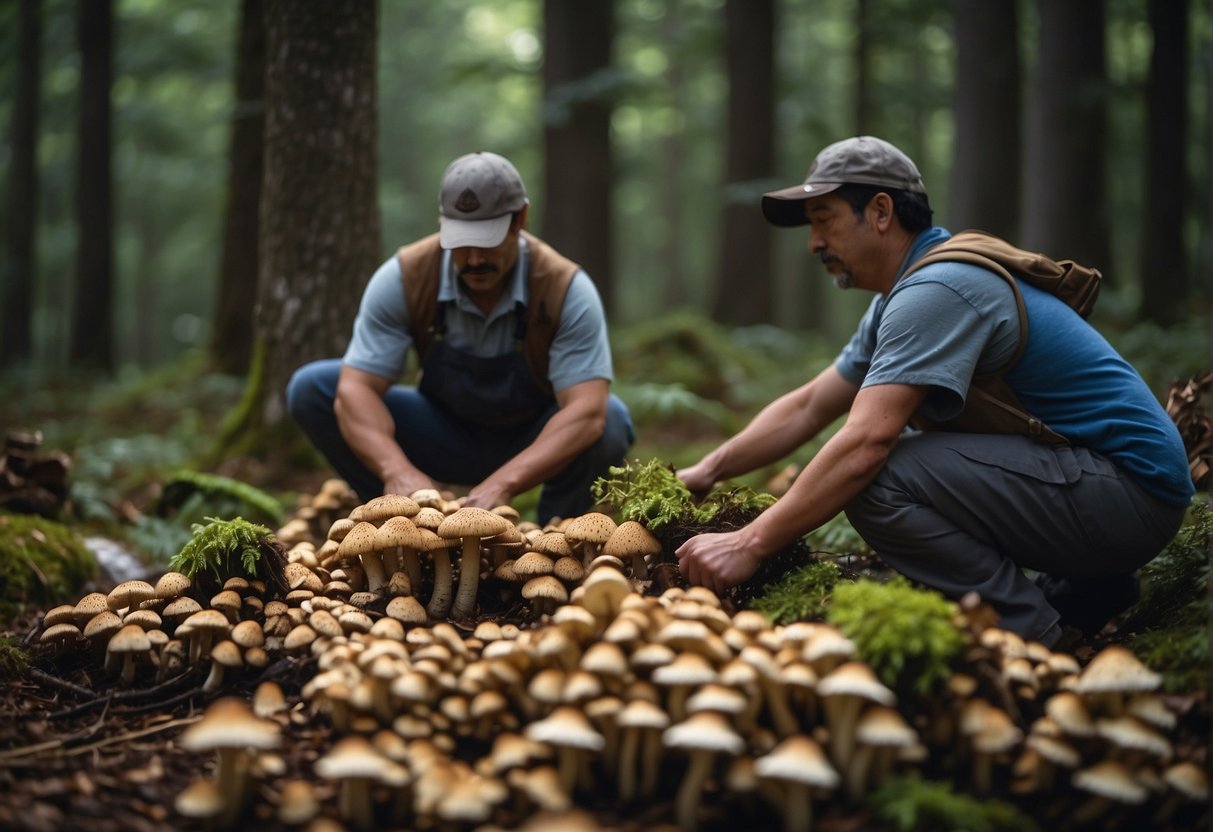 A Canadian forest with matsutake mushrooms being harvested by workers, while buyers negotiate prices with the local community