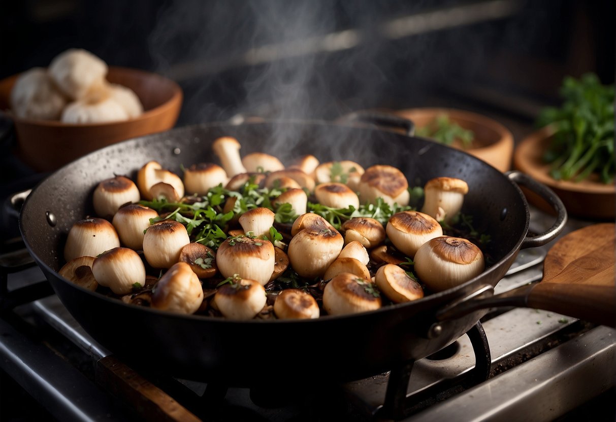 A chef sautés matsutake mushrooms in a sizzling pan, adding a dash of soy sauce for flavor. The aroma of the earthy mushrooms fills the air