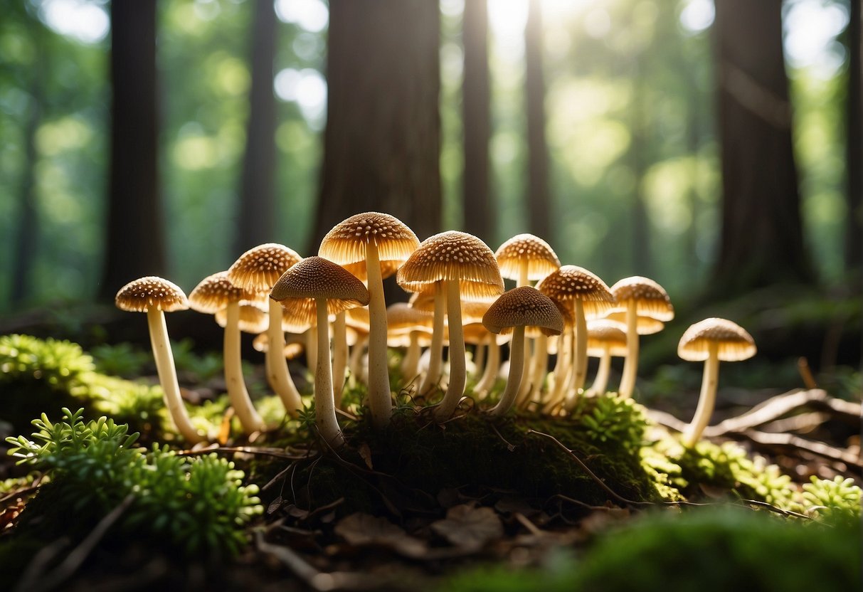 A vibrant forest floor with dappled sunlight illuminating the unique, honeycomb-like caps of Morchella australiana mushrooms