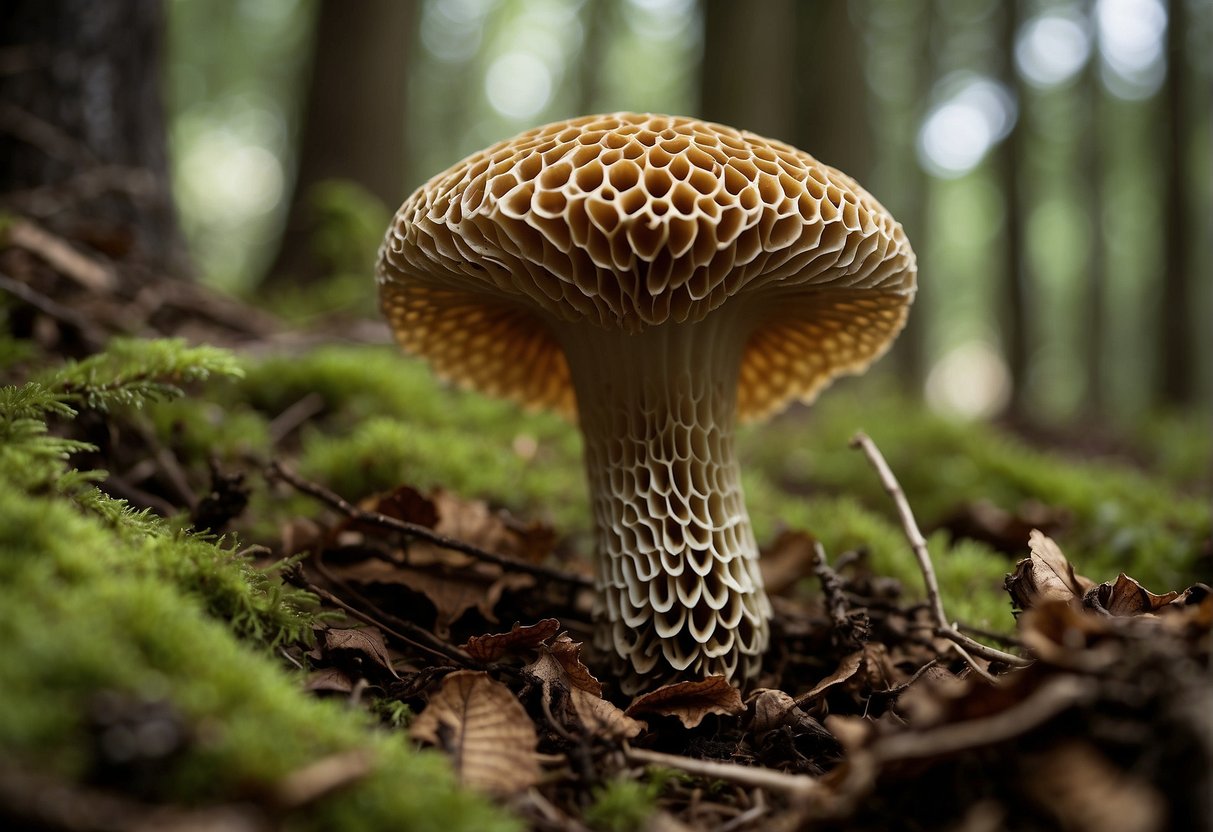 Morchella australiana, a type of morel mushroom, grows in a forest clearing. Its distinct honeycomb pattern and conical shape stand out against the leaf litter