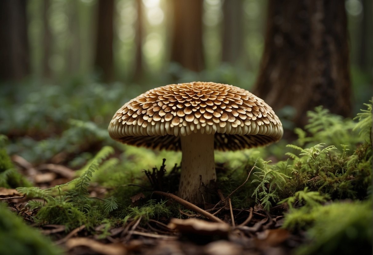 Morchella australiana grows in a forest with dappled sunlight, surrounded by fallen leaves and moss. It is nestled among the undergrowth, with tall trees towering above