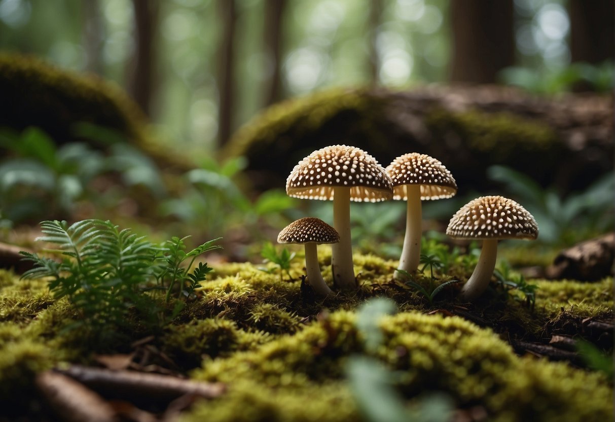 A lush forest floor with Morchella australiana mushrooms surrounded by diverse plant life and wildlife