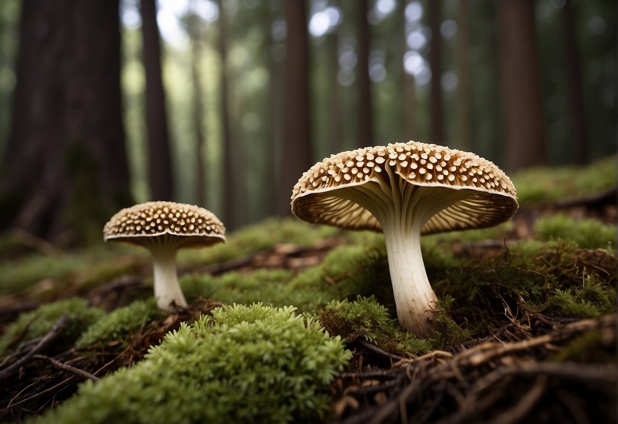 A detailed illustration of Morchella australiana's unique morphology and biology in its natural habitat