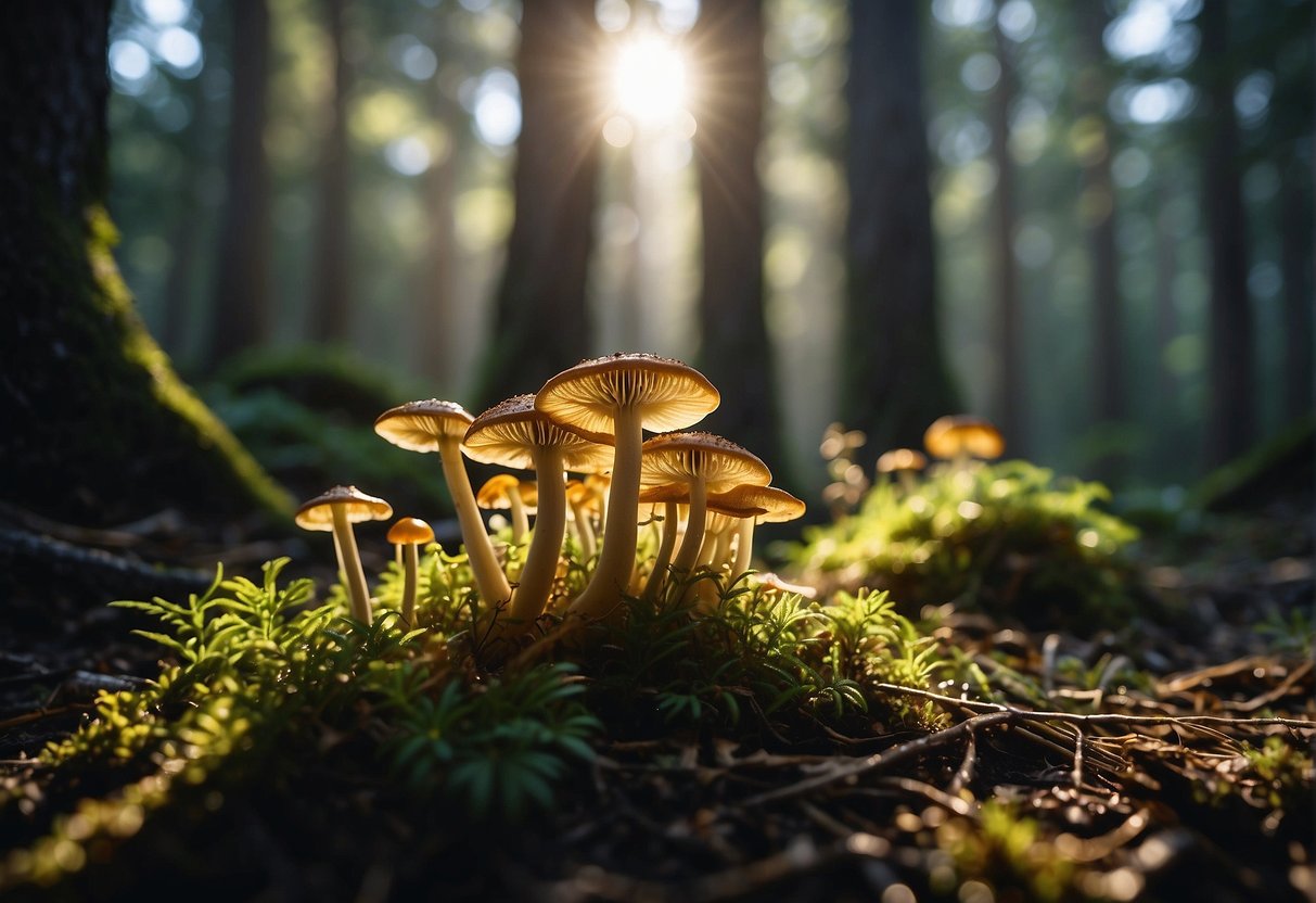 Sunlight filters through the dense forest canopy, illuminating a cluster of wild mushrooms sprouting from the damp forest floor in Point Reyes