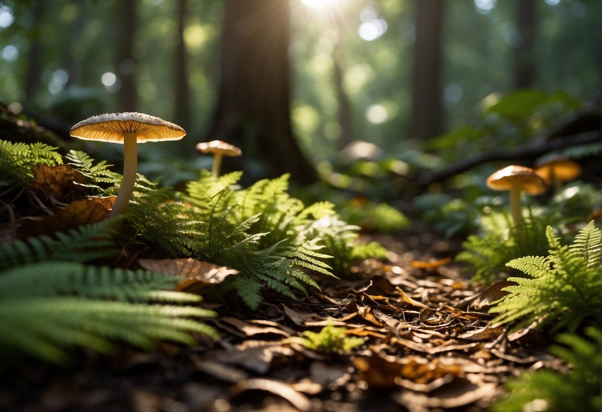 Lush forest floor with diverse mushrooms, ferns, and fallen leaves. Sunlight filters through the canopy, casting dappled shadows on the ground