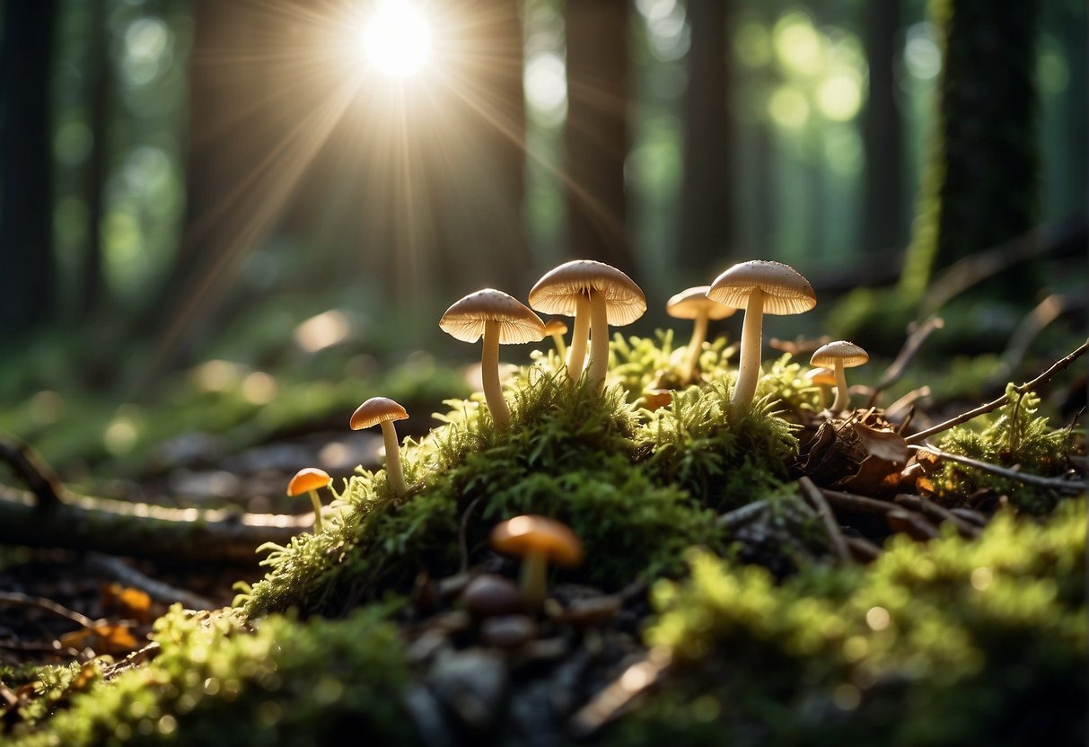 Sunlight filters through dense forest canopy onto lush moss-covered ground with various types of mushrooms sprouting from decaying logs and leaf litter