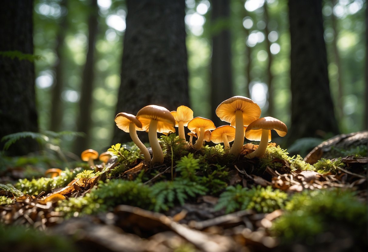 Lush forest floor with diverse mushrooms, including chanterelles and boletes, surrounded by towering trees and dappled sunlight