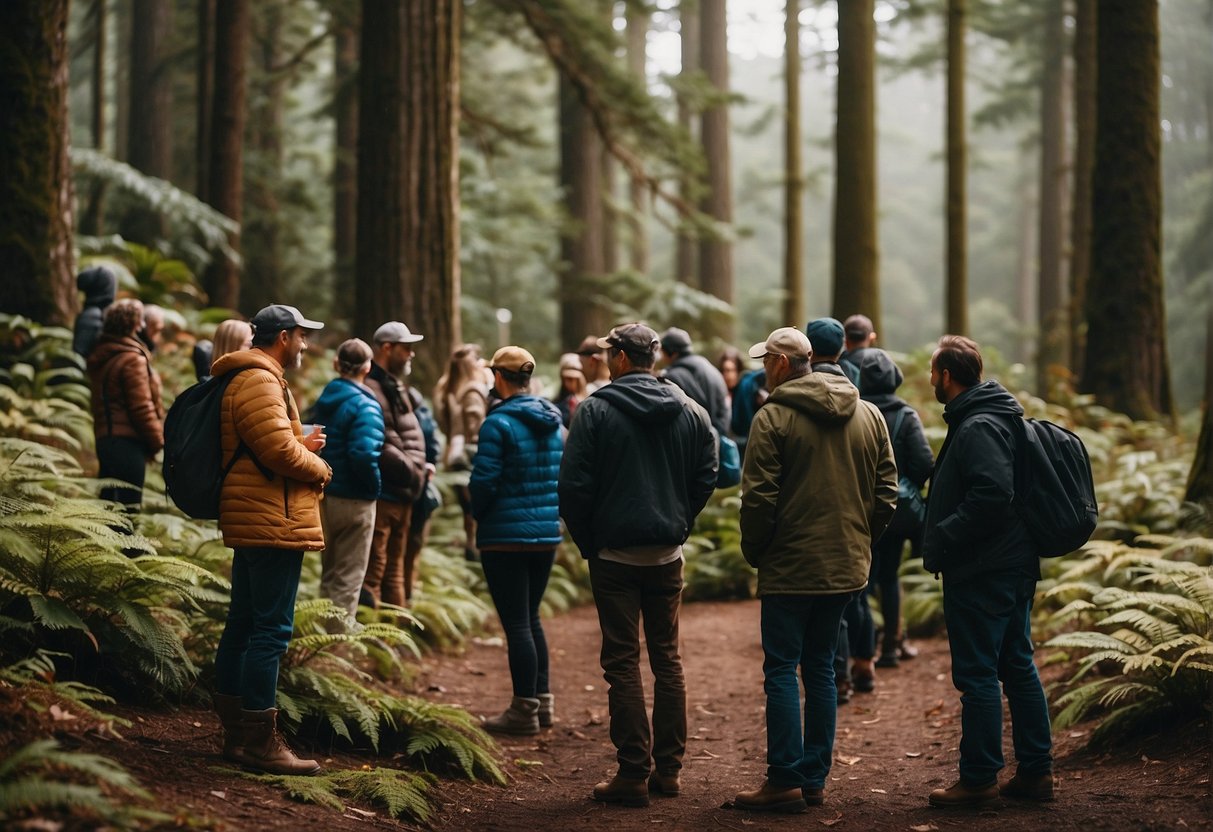 Mushroom foraging event in Point Reyes: people gather in a forest, learning about different mushroom species and enjoying community activities