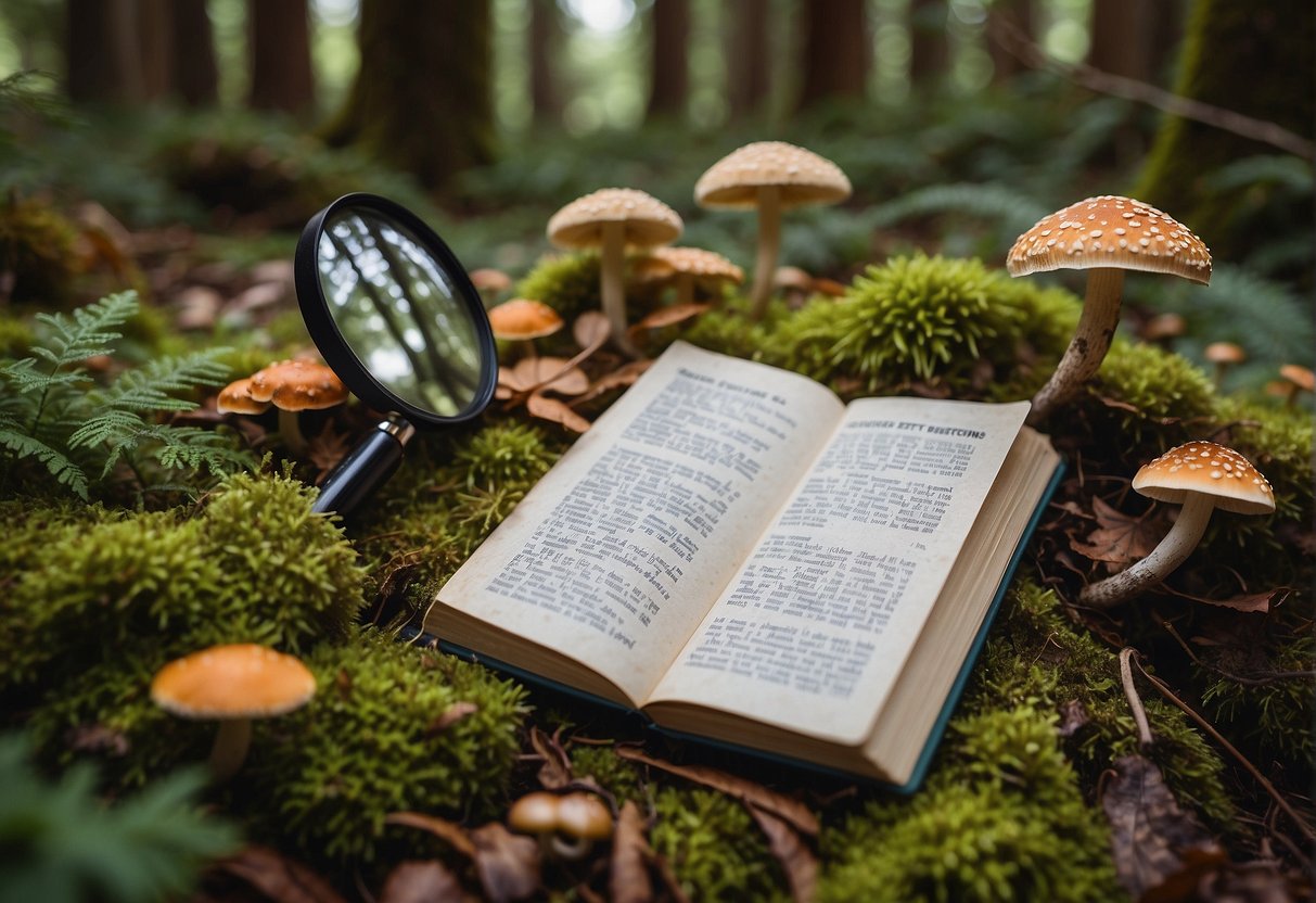 A forest floor with various types of mushrooms, a guidebook, and a magnifying glass. A sign reads "Mushroom Identification and Safety - Point Reyes Mushroom Hunting."
