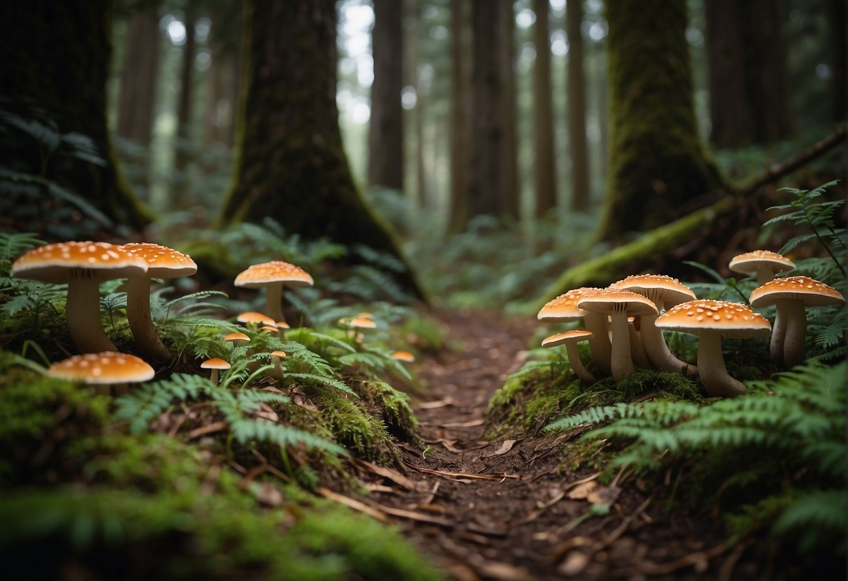 Lush forest floor with scattered mushrooms, a sign reading "Mushroom Foraging Guidelines - Point Reyes Mushroom Hunting" stands prominently