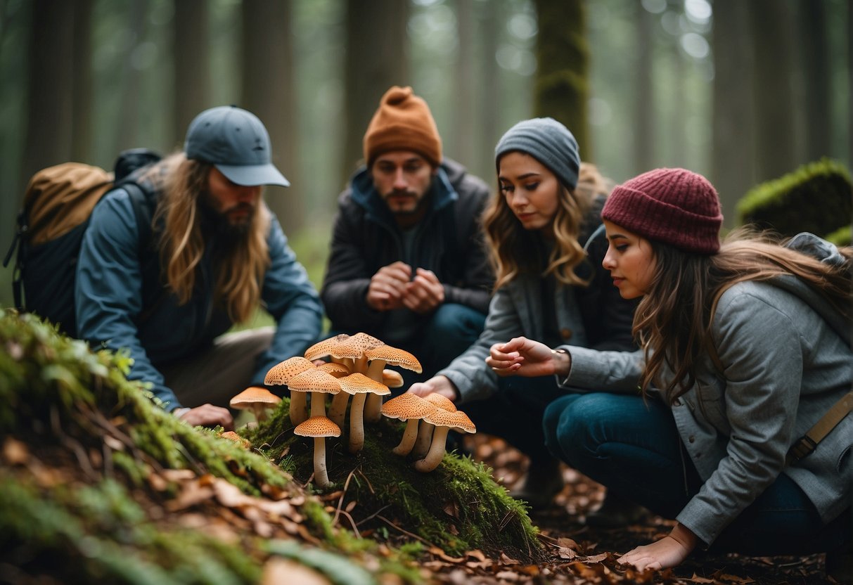A group explores the forest, identifying and collecting various mushrooms. They share knowledge and learn from each other, surrounded by the beauty of nature