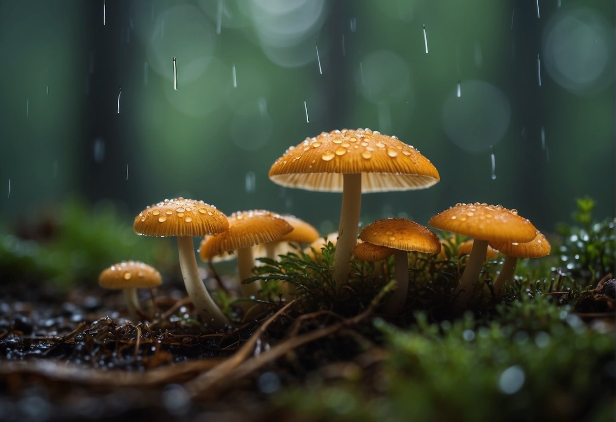 Mushrooms sprout under dripping leaves, as rain patters on the forest floor