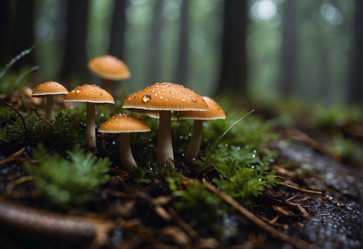 Mushrooms sprout from damp forest floor as rain pours down, enhancing the earthy aroma