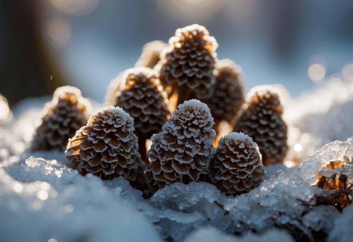 Frozen morels sit on a bed of ice, glistening in the cold light. Frost clings to their delicate caps, creating a beautiful and ethereal scene