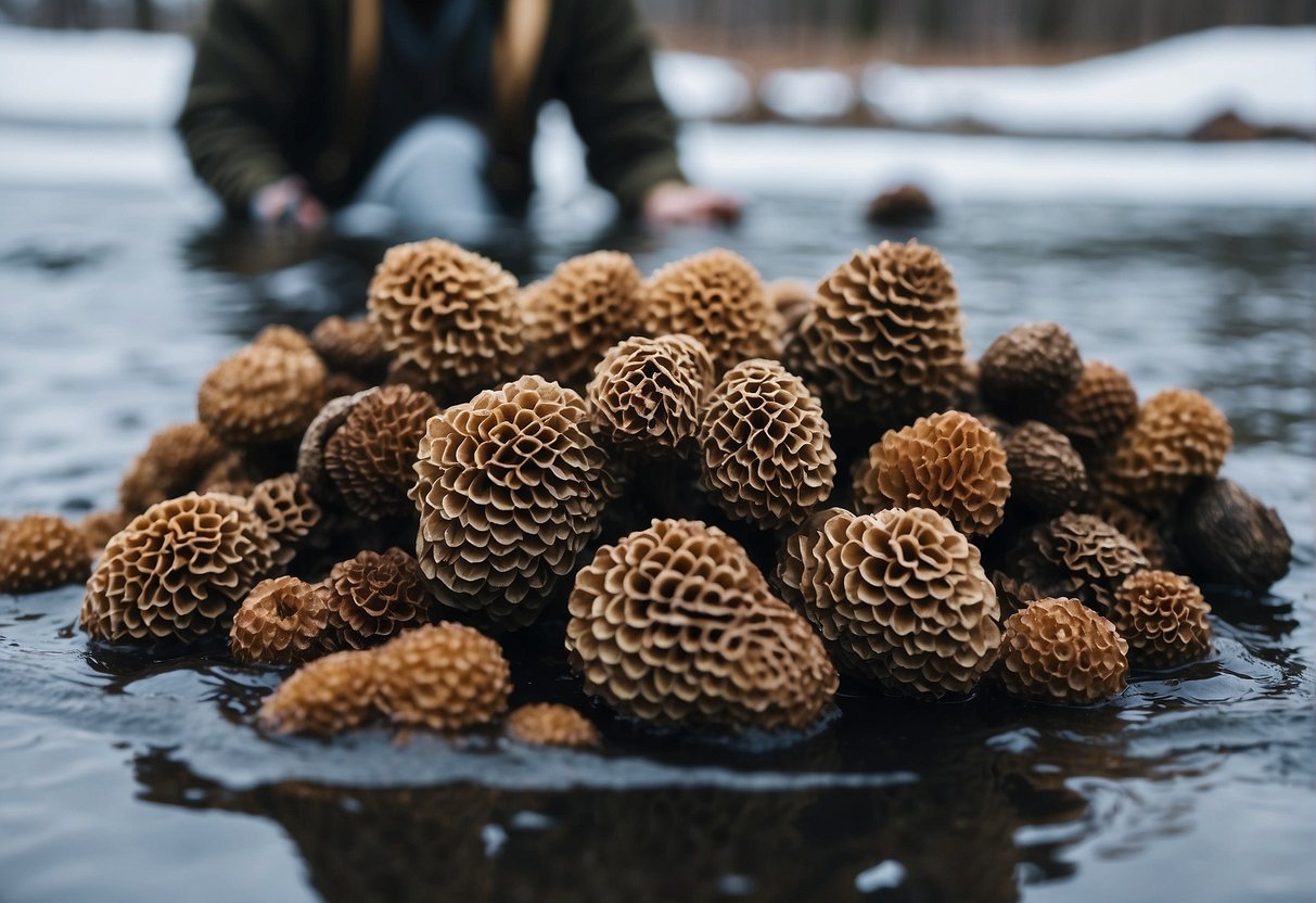 Morels being gathered and washed in icy water
