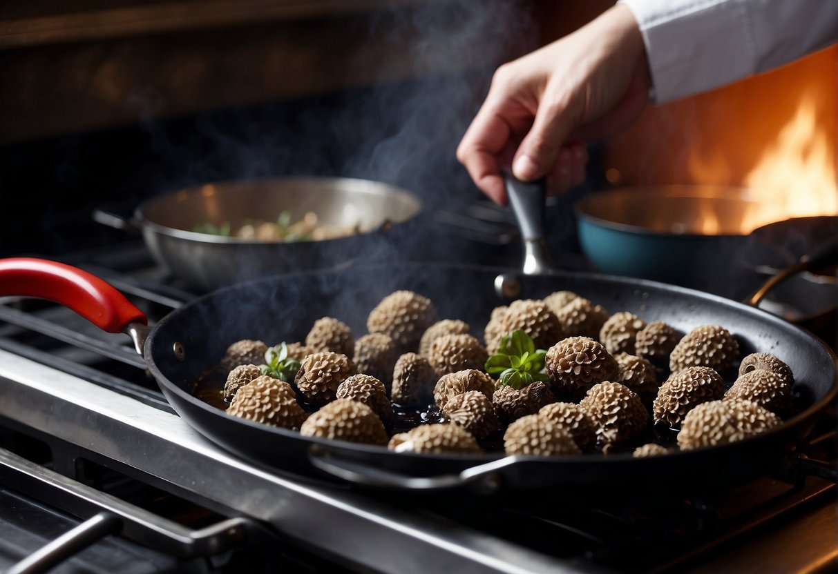 A chef sautés frozen morels in a sizzling pan, releasing their earthy aroma