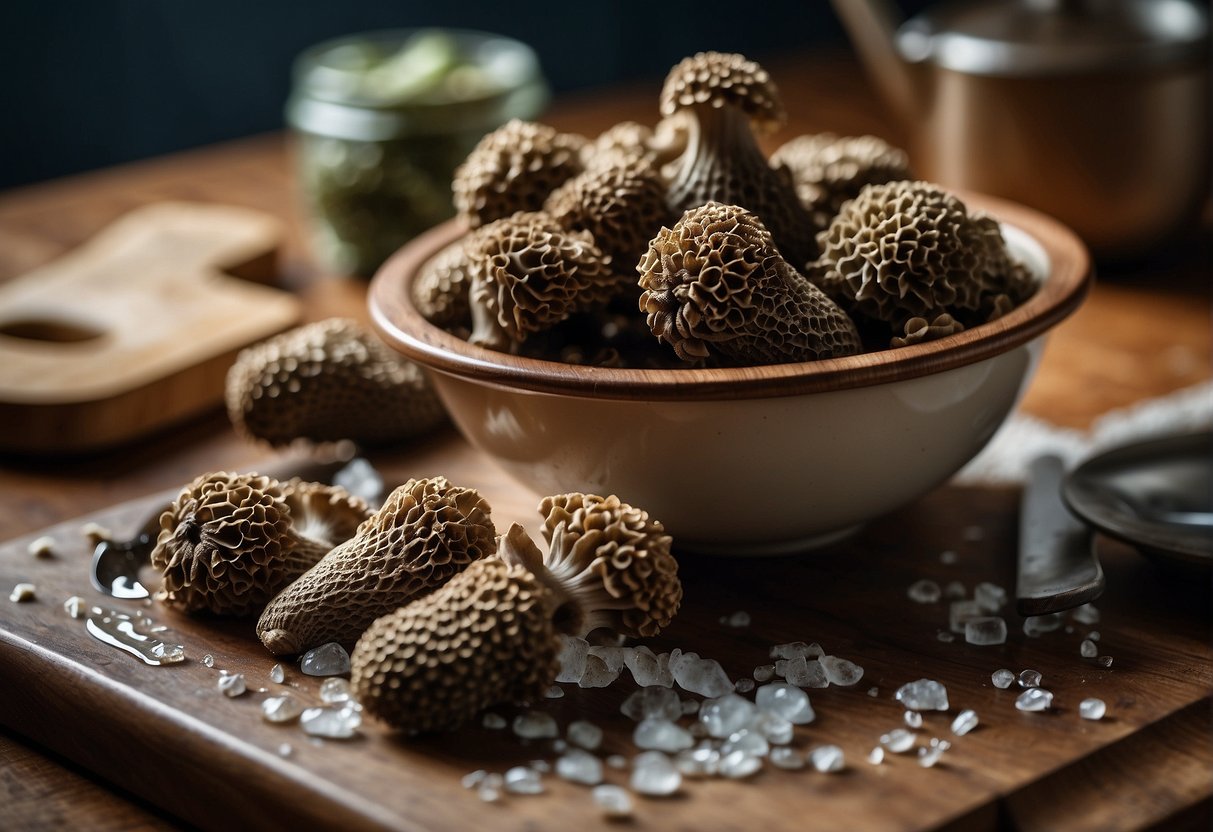 Morels thawing on a kitchen counter, surrounded by a bowl of water and a cutting board with a knife