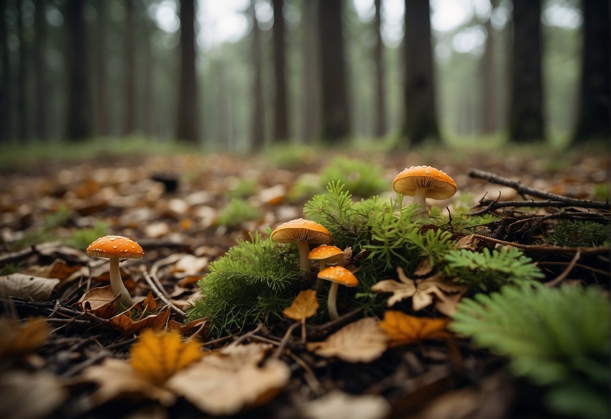A forest floor littered with fallen leaves and pine needles, dotted with various types of mushrooms in different shapes, sizes, and colors
