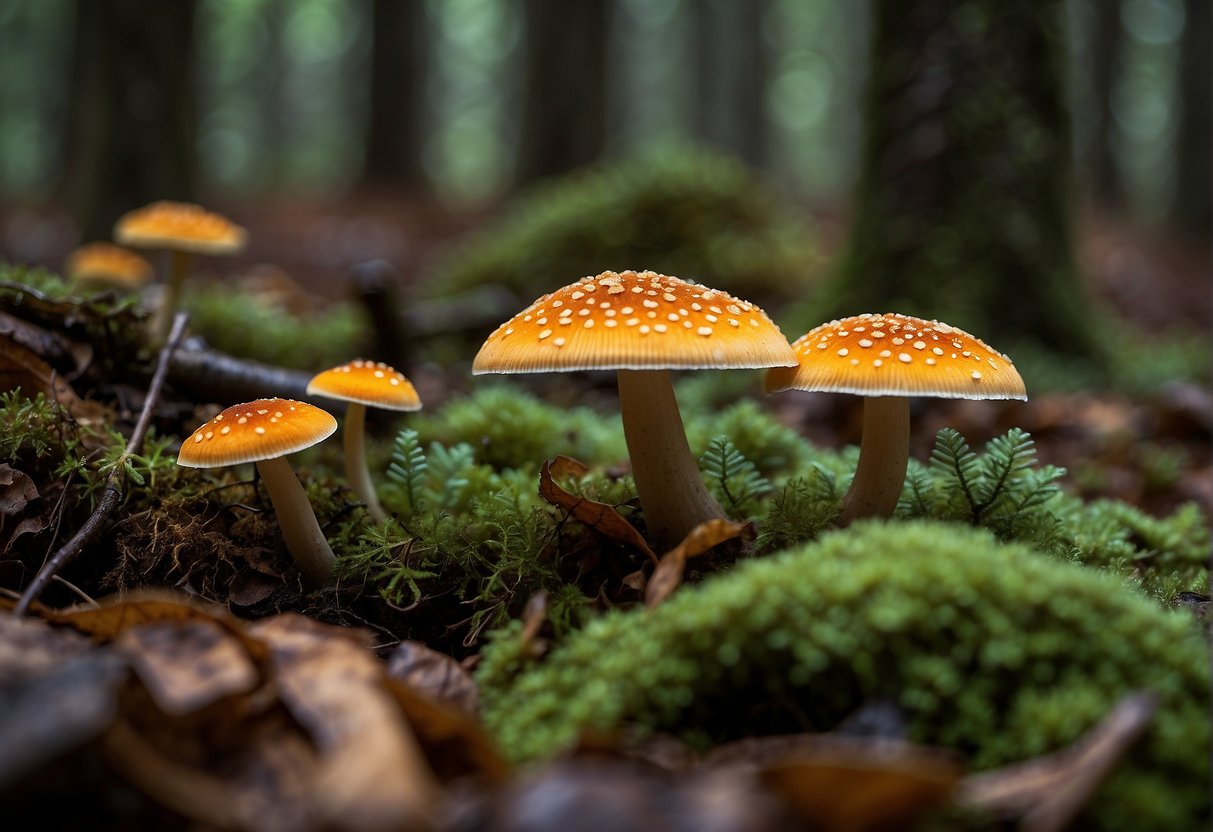 Mushrooms scattered among fallen leaves and moss in a dense forest in western Massachusetts. A variety of fungi, including chanterelles and morels, can be spotted in the underbrush