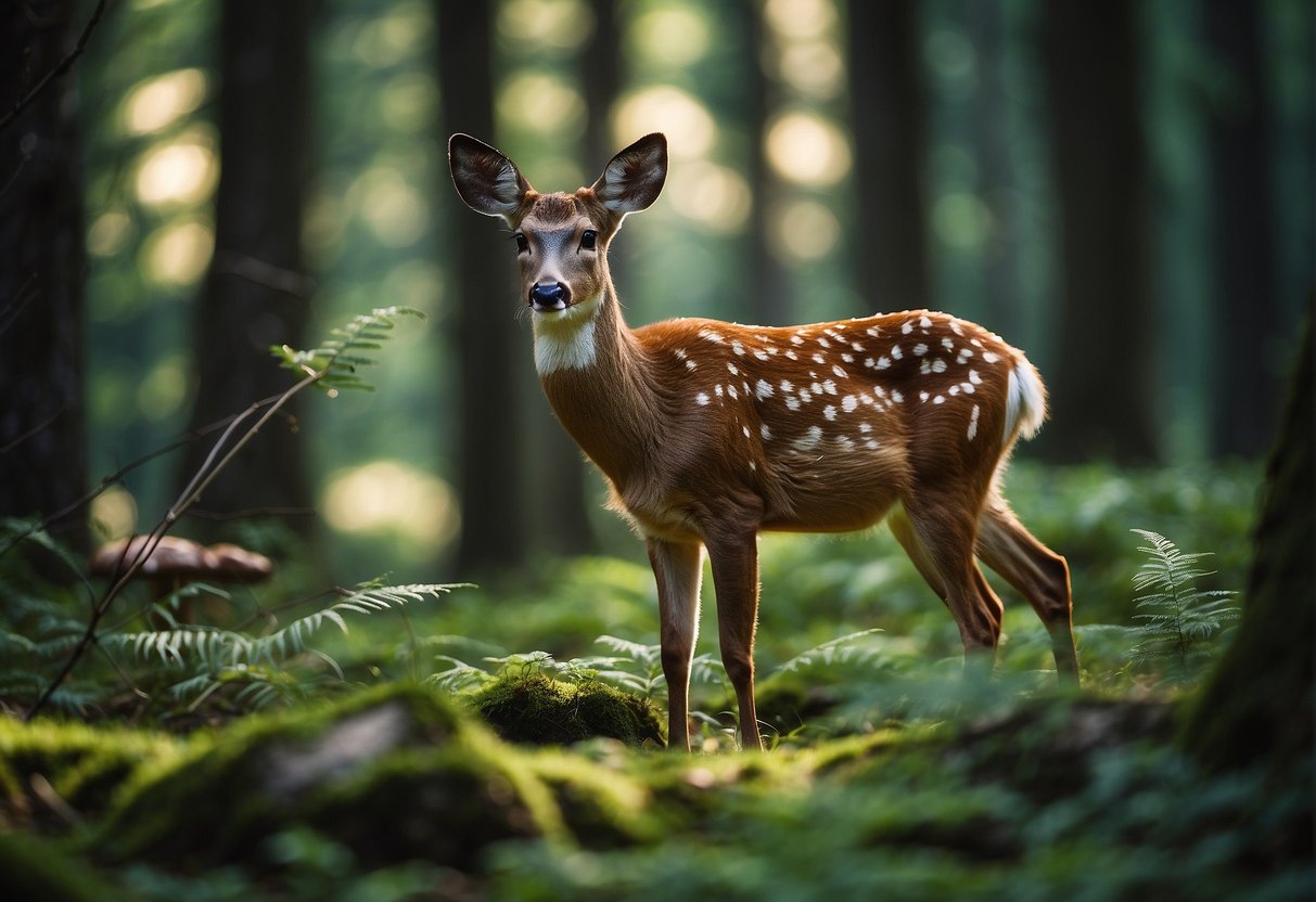 A deer grazes on mushrooms in a lush forest clearing