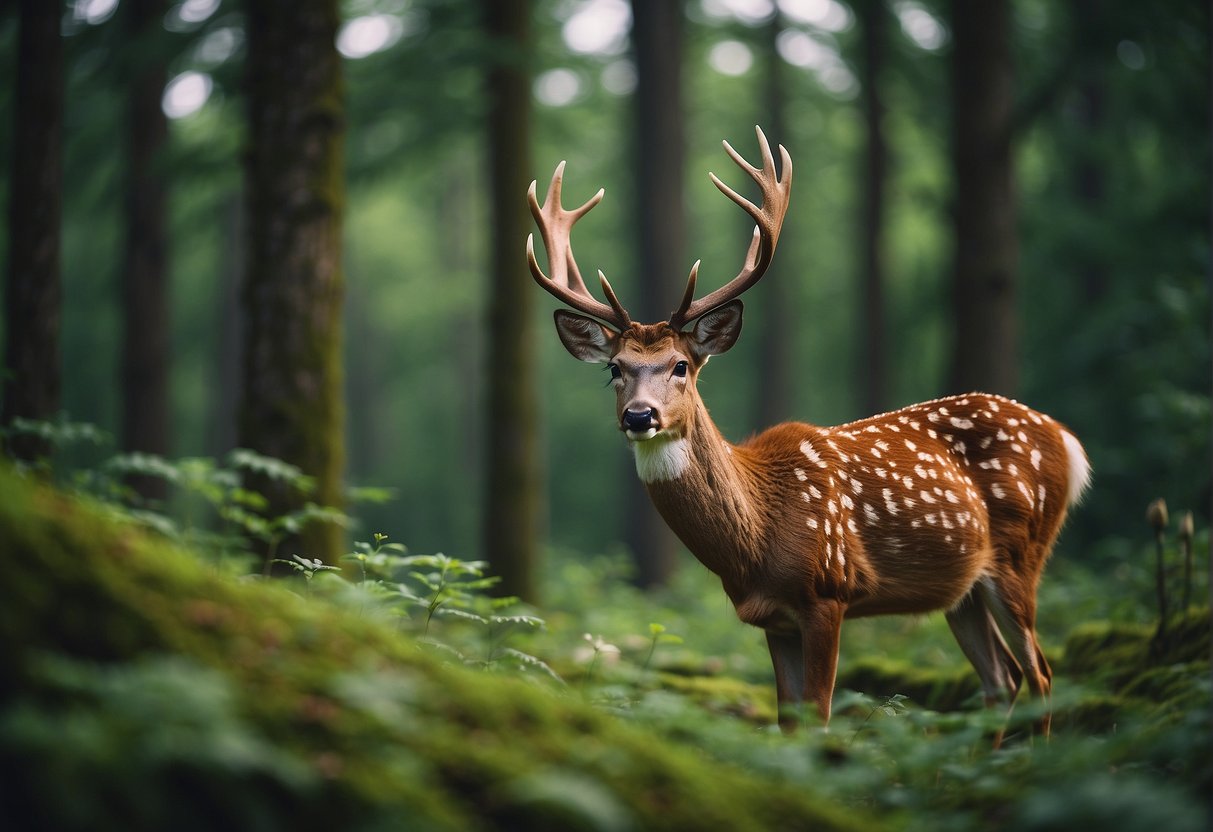 Deer grazing on a variety of mushrooms in a lush forest clearing