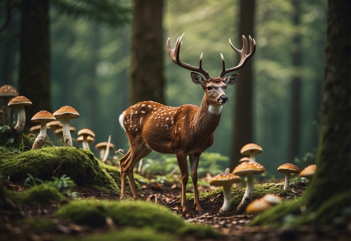 Deer grazing on a variety of mushrooms in a forest clearing, highlighting the nutritional benefits and potential risks associated with their diet