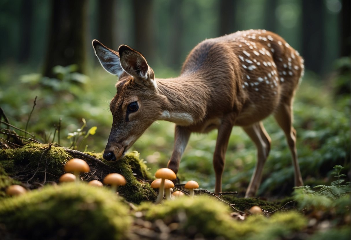 A deer selects and consumes mushrooms from the forest floor, carefully sniffing and nibbling on various types of fungi