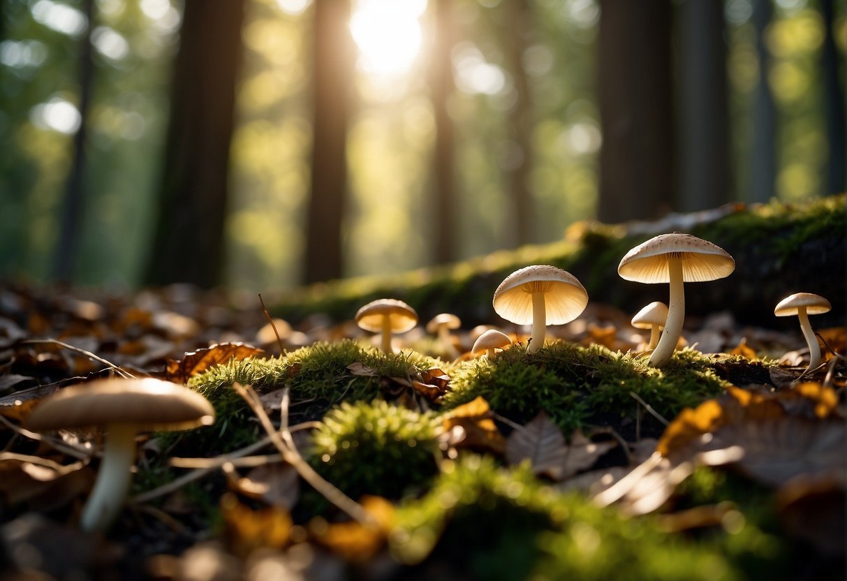 Mushrooms scattered in a lush forest clearing, surrounded by fallen leaves and dappled sunlight filtering through the trees