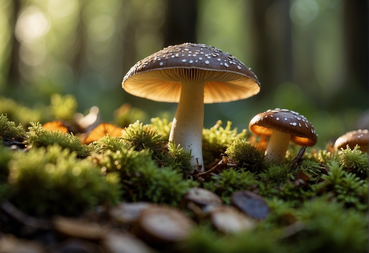 Lush forest floor, dappled sunlight, diverse mushrooms in various shapes and colors scattered among fallen leaves and moss