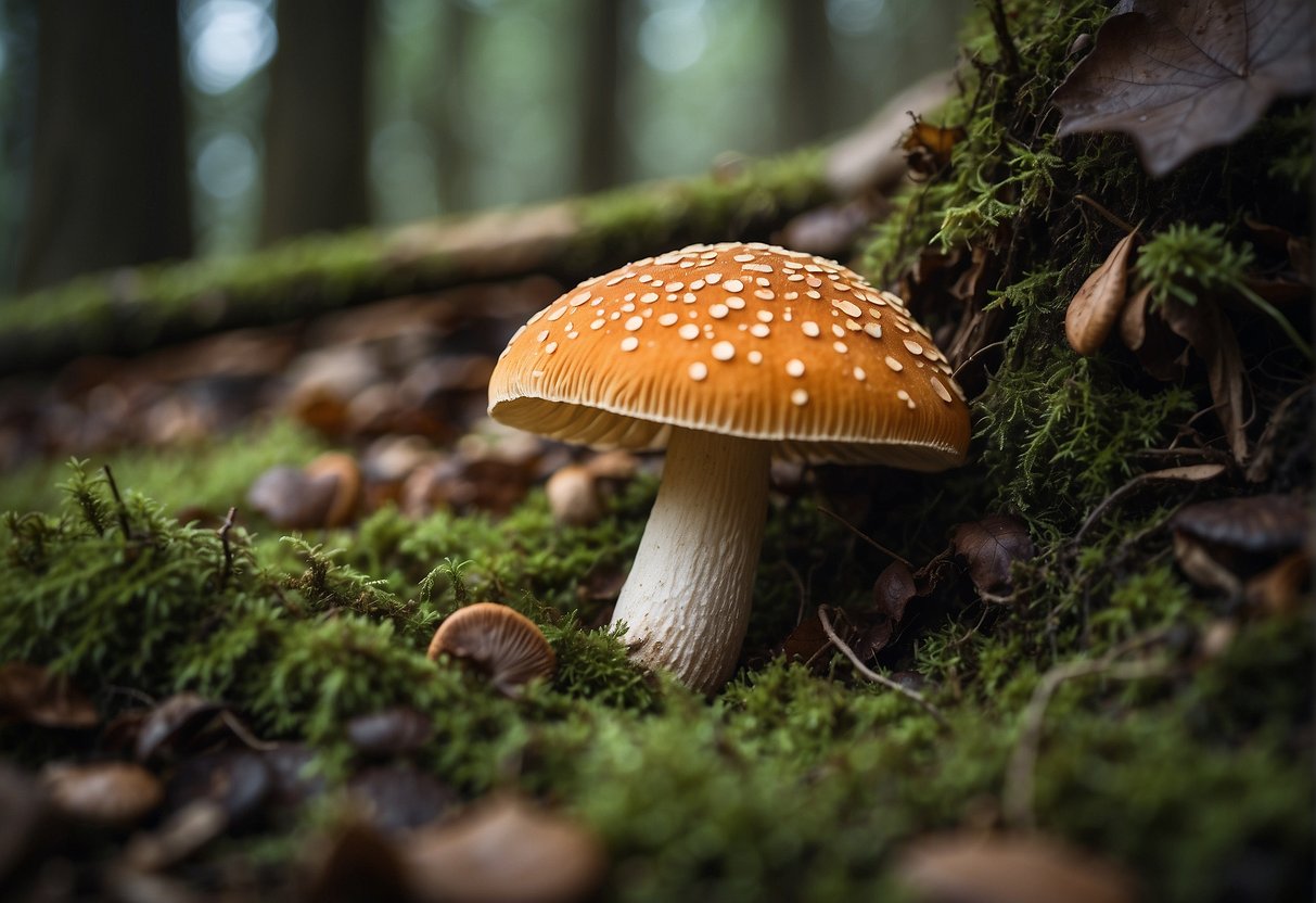 Mushroom hunt: A forest floor scattered with fallen leaves, tangled roots, and clusters of various mushrooms in different shapes and sizes