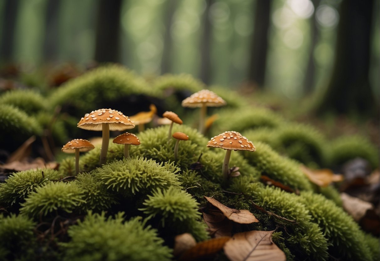 A forest floor with fallen leaves and moss, dotted with various types of mushrooms in different shapes and sizes