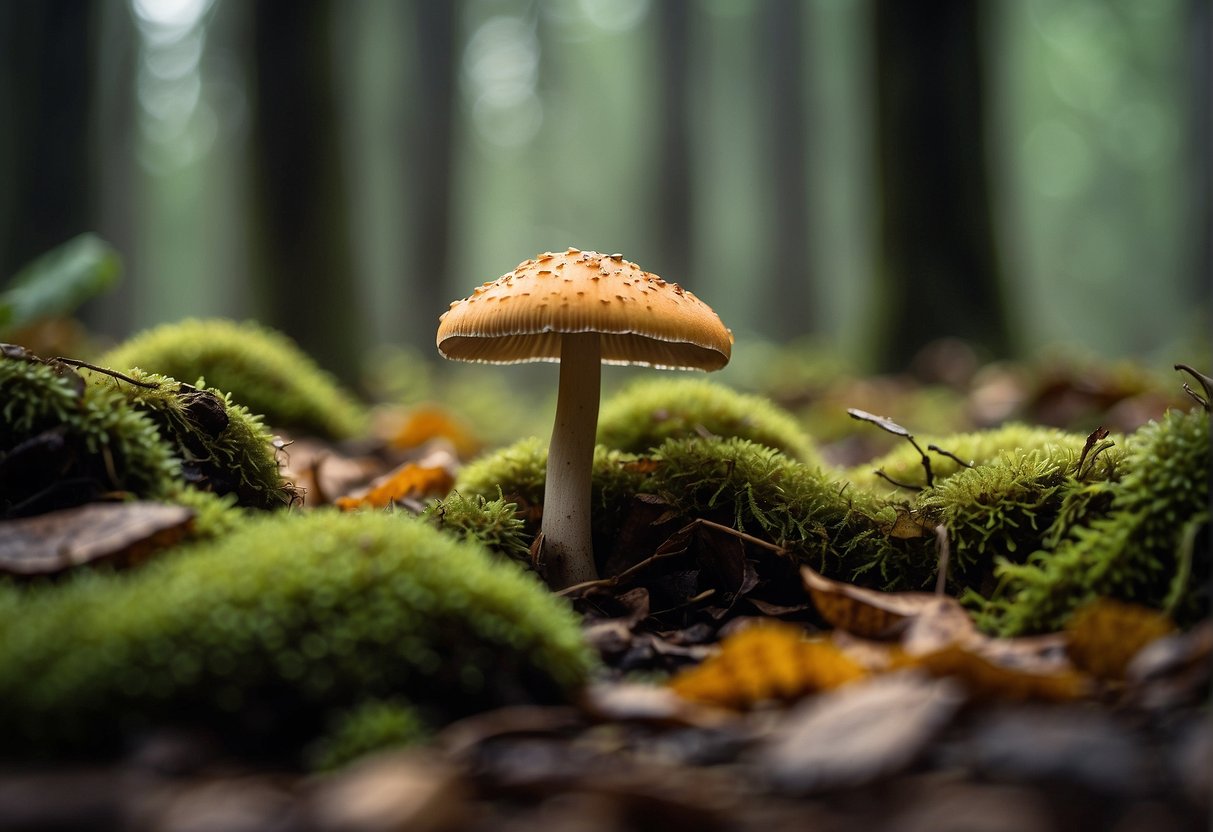 Mushrooms sprout from damp forest floor, surrounded by fallen leaves and moss. Sunlight filters through the canopy, casting dappled shadows on the forest floor