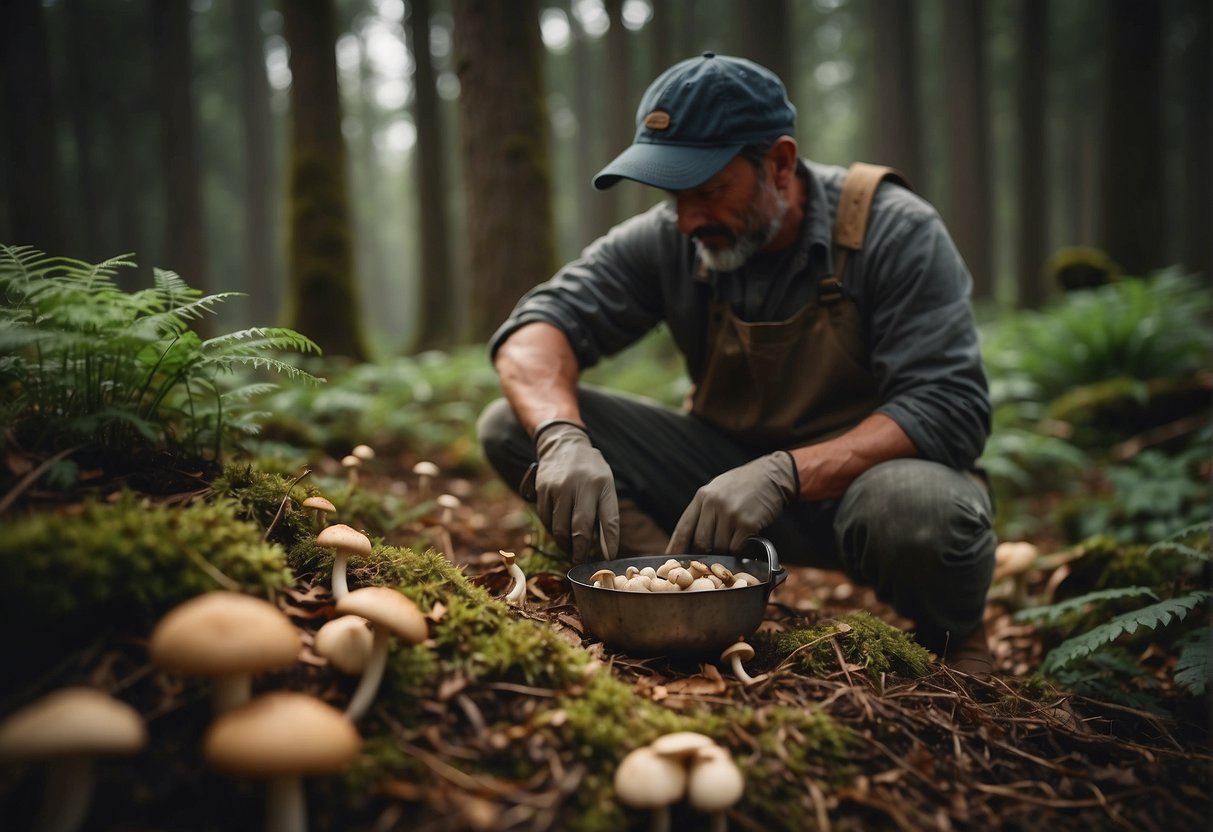 Mushroom hunters use knives to carefully cut mushrooms from the ground, ensuring not to damage the surrounding vegetation. They wear gloves and use baskets to collect the mushrooms safely