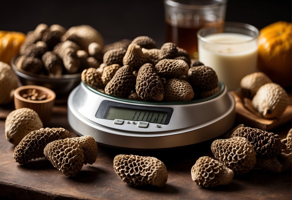A table with a pile of fresh morel mushrooms, a price tag, and a scale