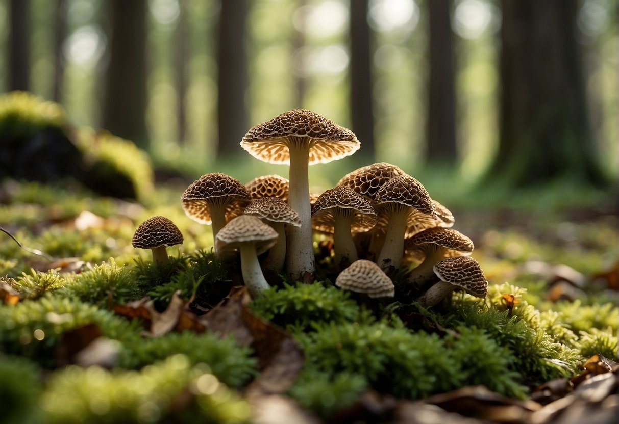 A cluster of morel mushrooms sits atop a bed of green moss, surrounded by fallen leaves and dappled sunlight