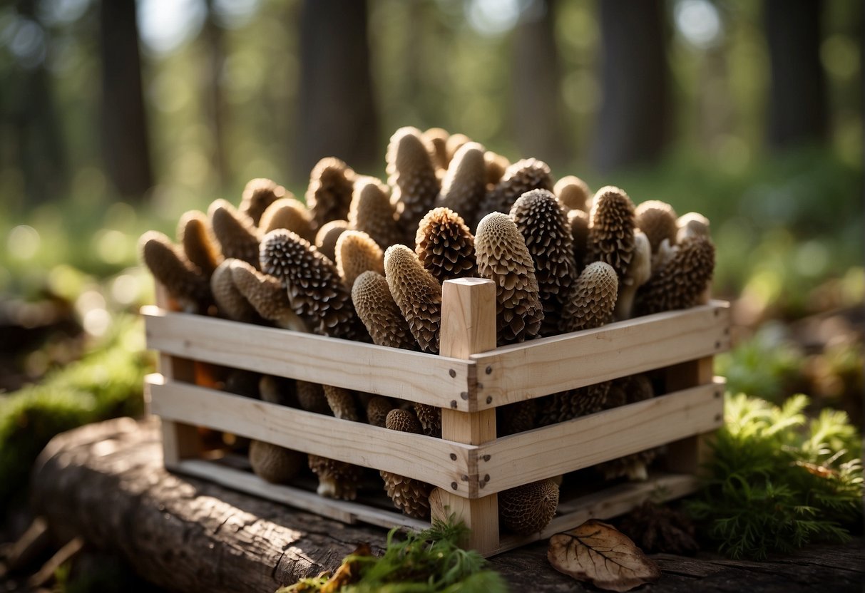 A wooden crate filled with freshly picked morel mushrooms, carefully packed and labeled for storage and preservation