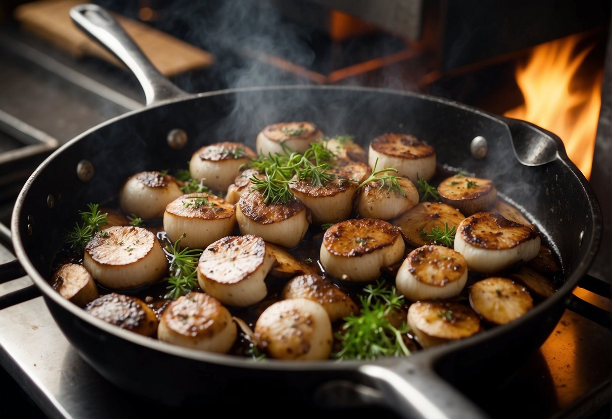 A chef sautés sheepshead mushrooms in a sizzling pan, adding garlic and herbs for flavor. The aroma fills the kitchen as the mushrooms turn golden brown