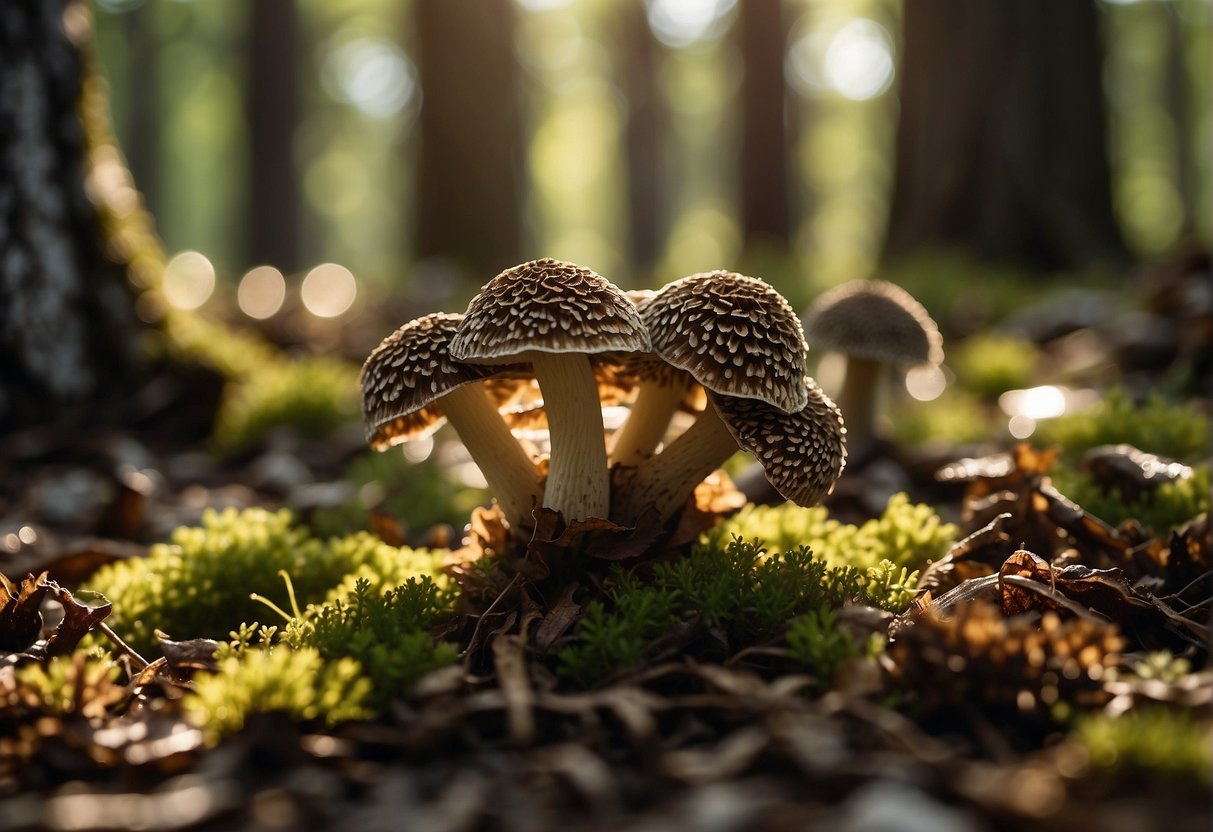 A forest floor covered in various morel mushroom varieties, ranging in size and color, with dappled sunlight filtering through the trees