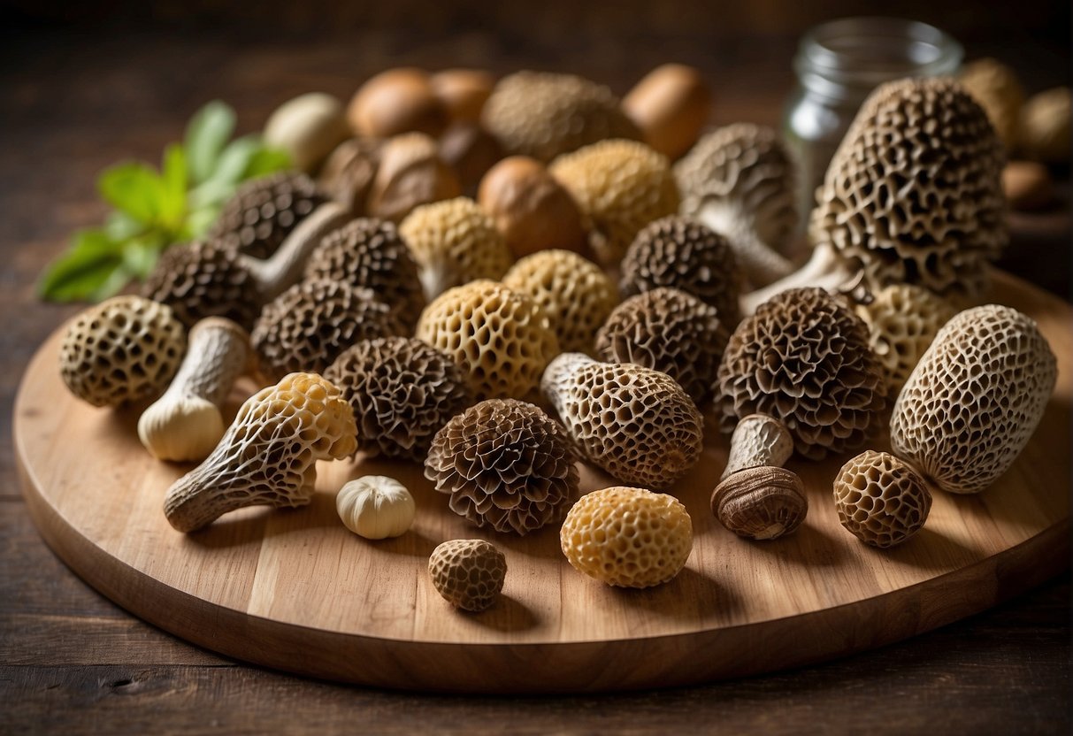 A variety of morel mushrooms arranged on a cutting board, showcasing their unique shapes and sizes. Nutritional information displayed alongside, highlighting their value as a culinary ingredient