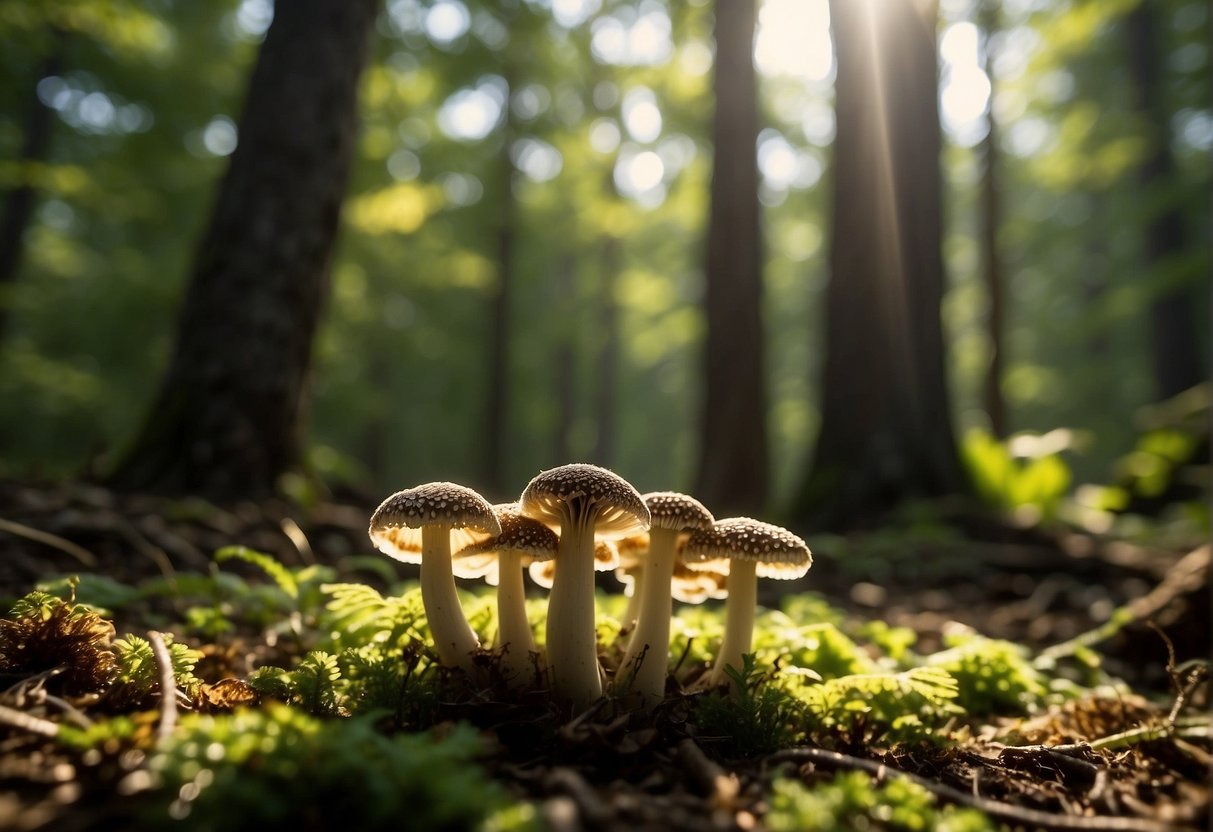 Sunlight filters through the dense forest canopy, illuminating a lush bed of morel mushrooms. A variety of species thrive in the rich, fertile soil, showcasing the importance of conservation and ethical foraging practices