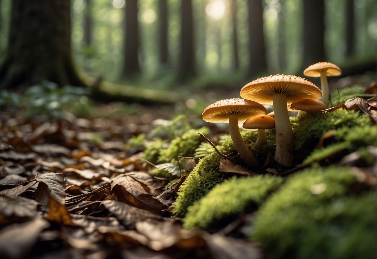 Lush forest floor with various types of mushrooms growing among fallen leaves and decaying wood. Sunlight filters through the dense canopy, creating dappled patterns on the ground