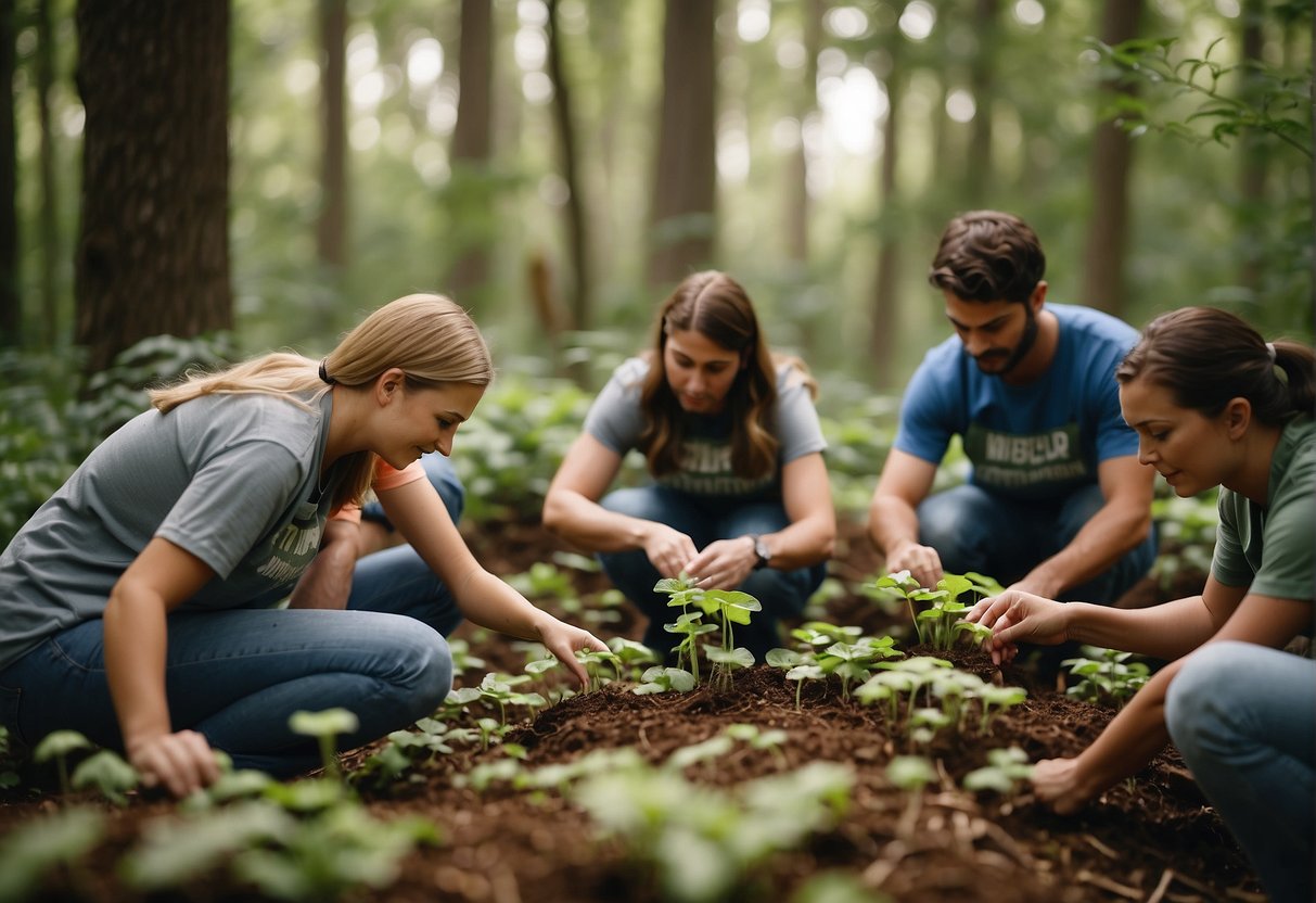 A group of volunteers in Kentucky carefully tending to a thriving mushroom patch, surrounded by a lush forest and signs of community involvement