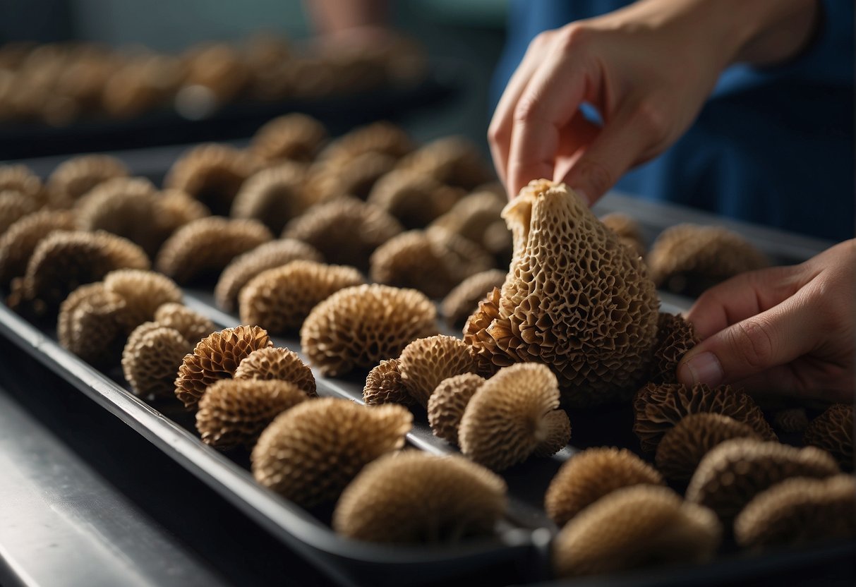 Fresh morel mushrooms being placed on a tray, then placed in the freezer