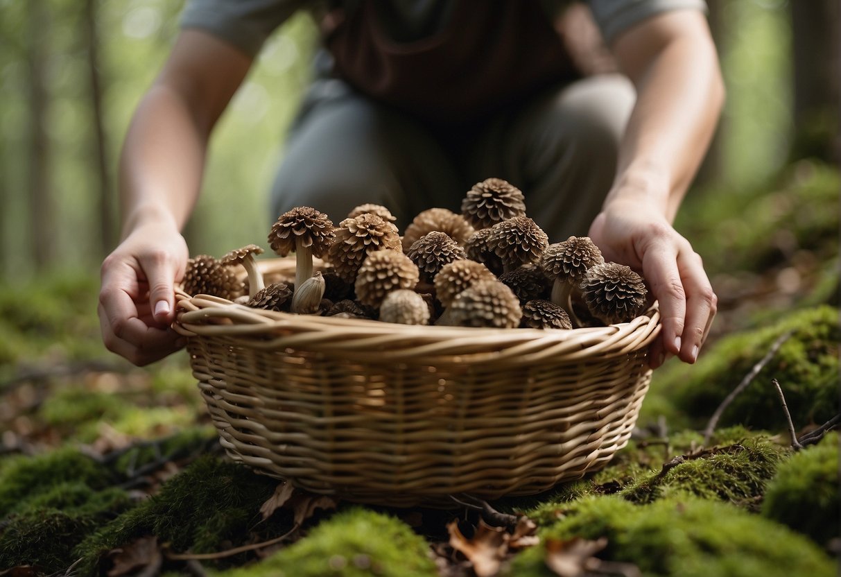 A hand reaches down, plucking morel mushrooms from the forest floor. A basket sits nearby, ready to collect the earthy treasures