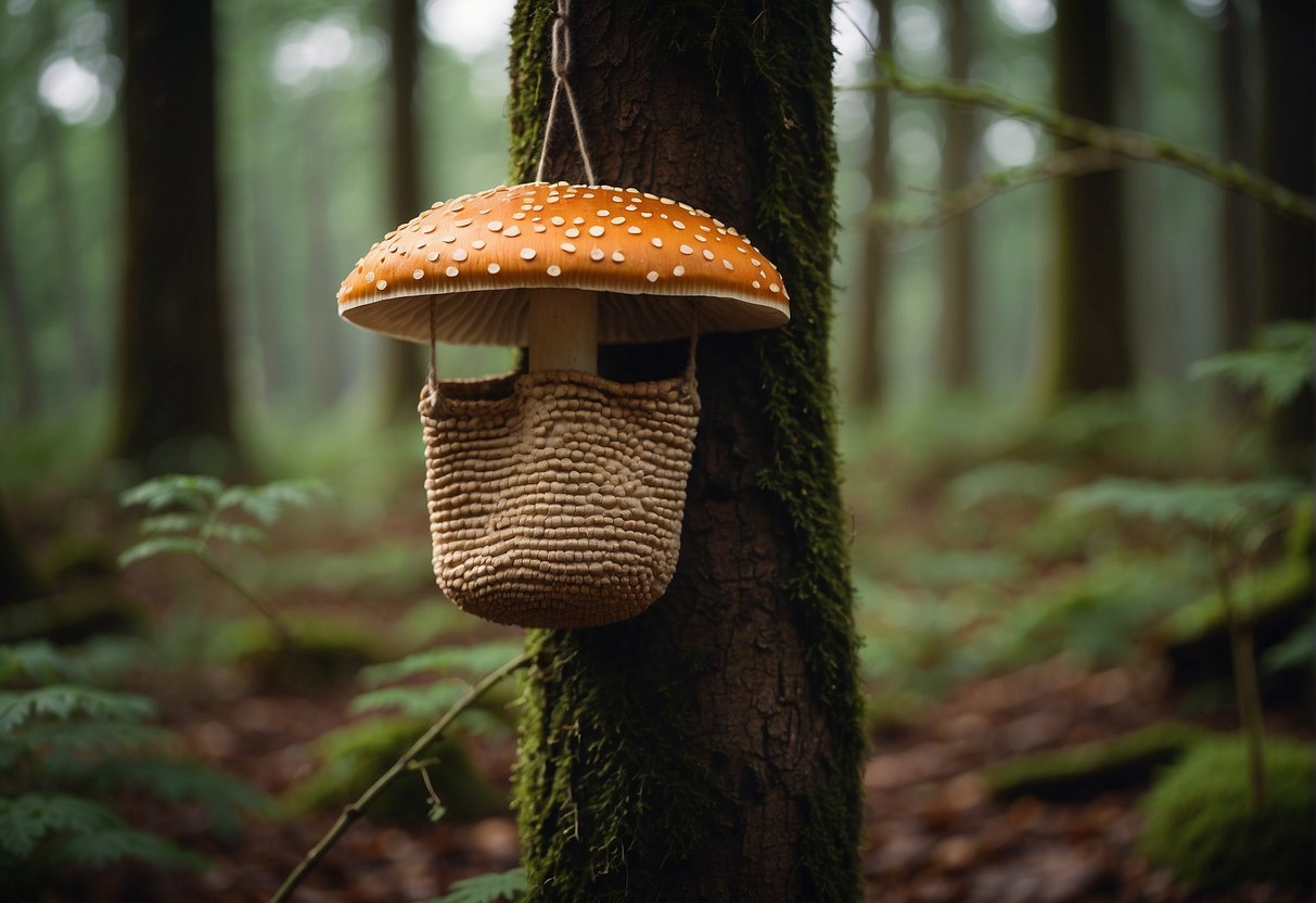 A mushroom foraging bag hangs from a tree branch, filled with various shapes and sizes of mushrooms spilling out onto the forest floor