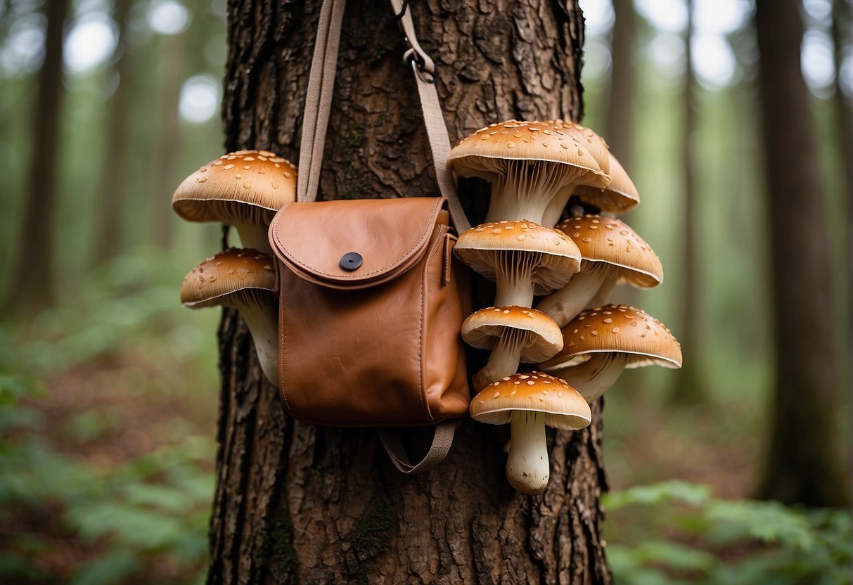 A mushroom foraging bag hangs from a tree branch, filled with various types of mushrooms. The bag is made of durable, earthy-colored material with multiple pockets and a sturdy strap for carrying