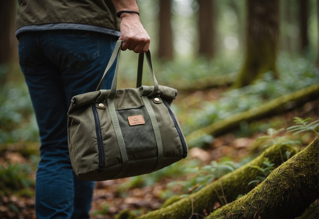 A hand reaches into a forest, selecting a mushroom foraging bag. The bag is sturdy, with multiple compartments and a comfortable strap for carrying