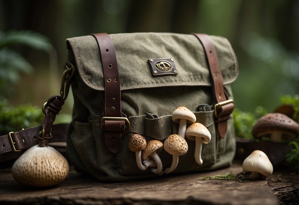 A hand-sewn canvas bag hangs from a forager's belt, filled with freshly picked mushrooms. A small brush and knife are tucked into the side pockets, ready for maintenance